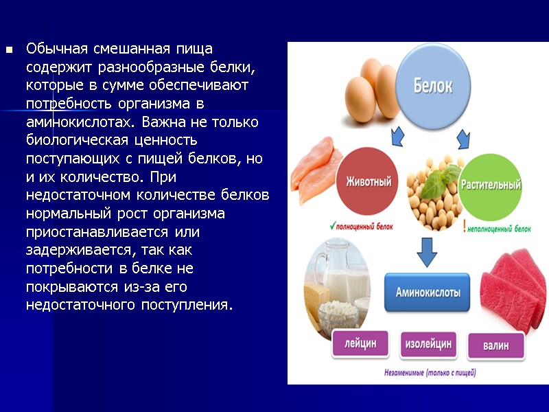 Обычная смешанная пища содержит разнообразные белки, которые в сумме обеспечивают потребность организма в аминокислотах.